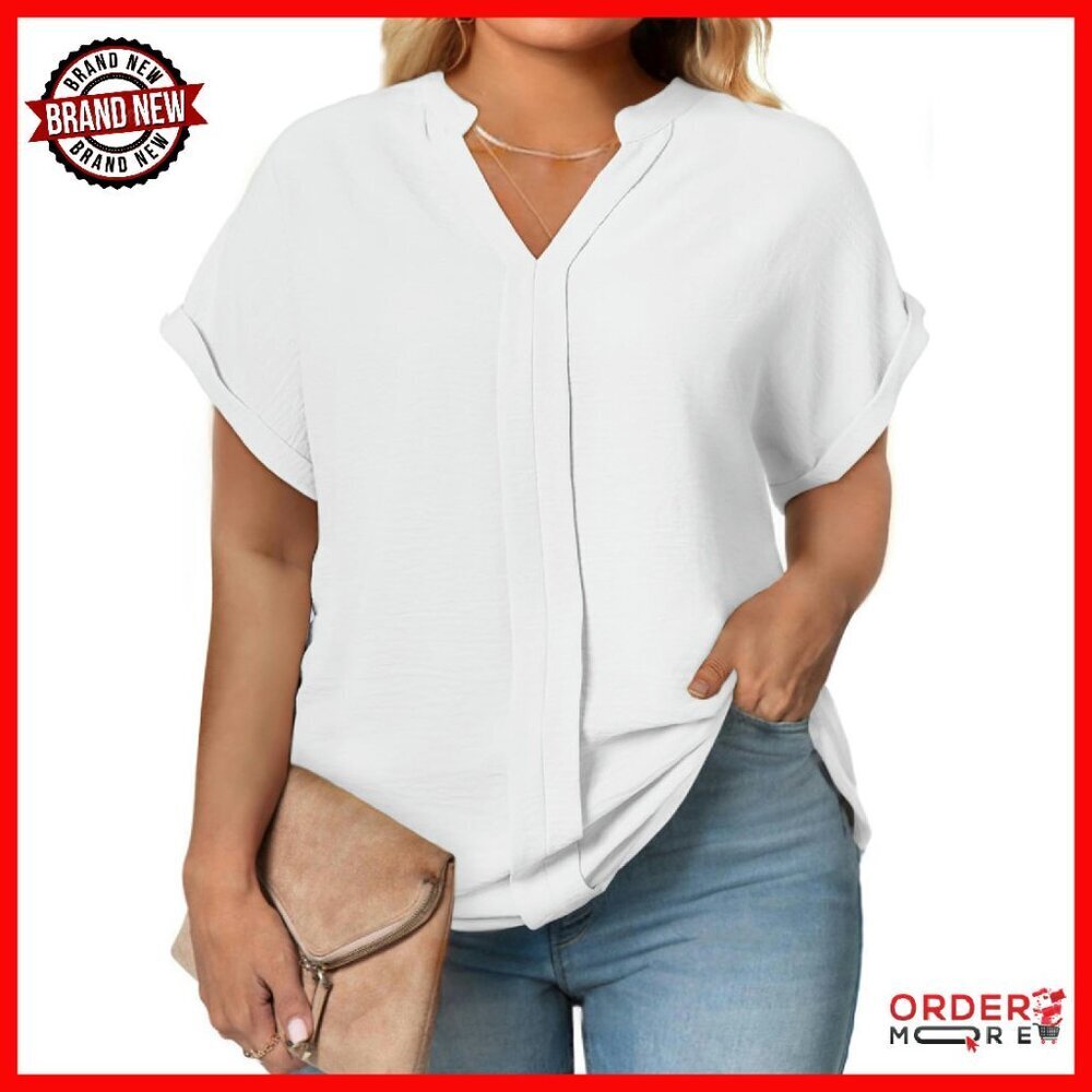 Plus Size V Neck Tunic Blouse - Lightweight Polyester Work Casual Top